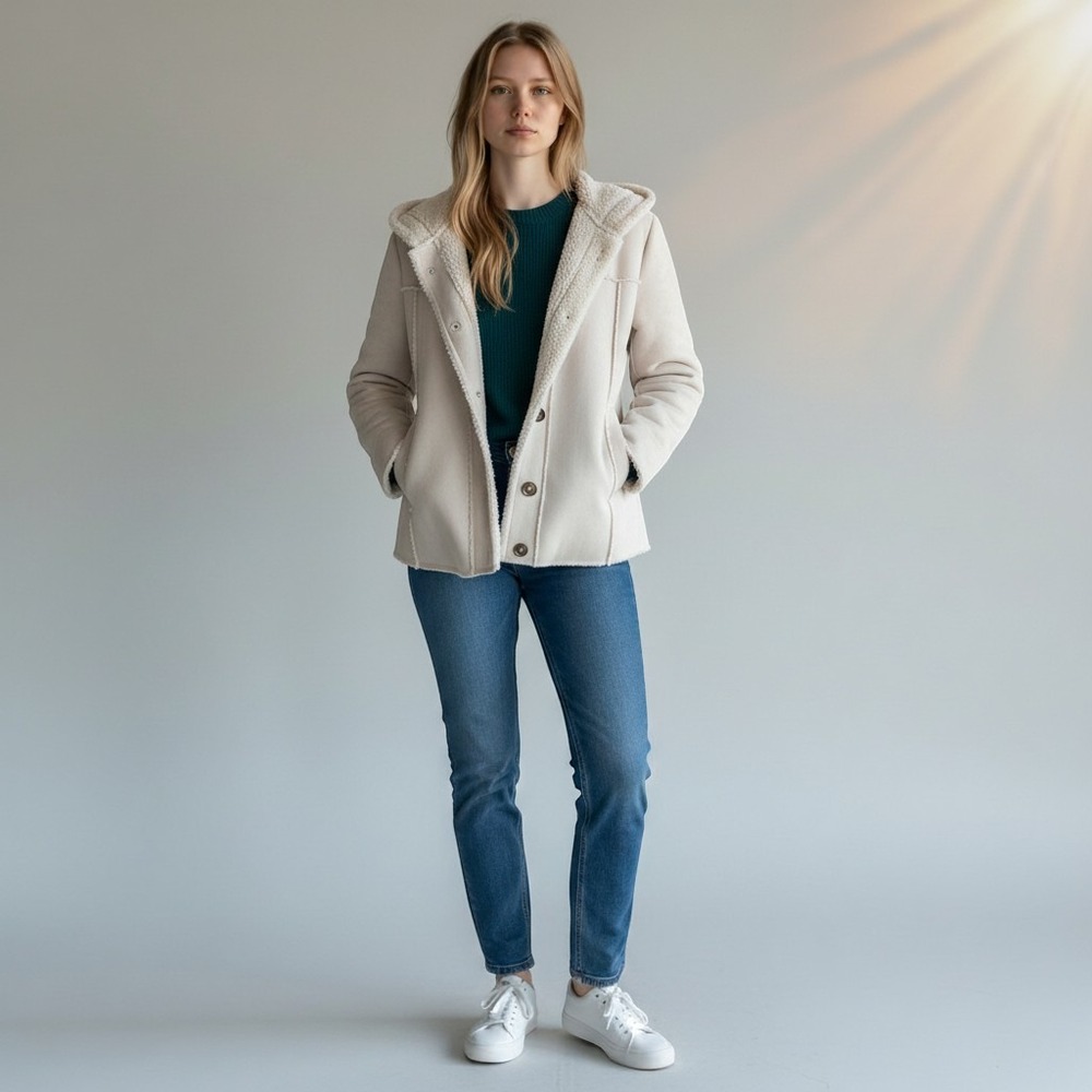 Faux Shearling Jacket Womens XL Cream Faux Suede Hooded Coat Boho Cozy